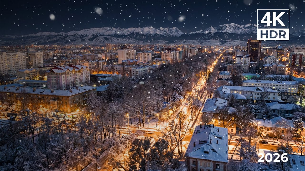 Ночной снегопад на Дзержинке. Самая красивая улица Бишкека зимой! IRL прогулка | 4K 60fps