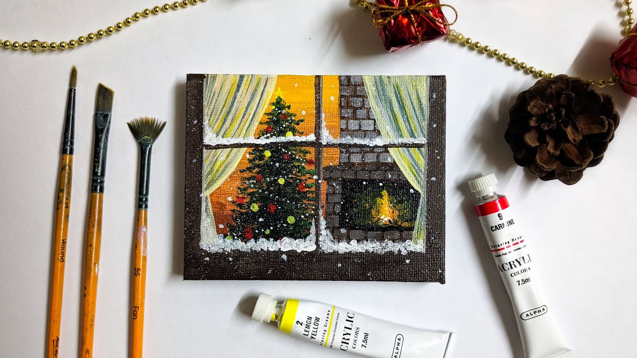 Christmas Tree through a Window #69 / Acrylic Painting for Beginners / Step by Step / Mini Canvas