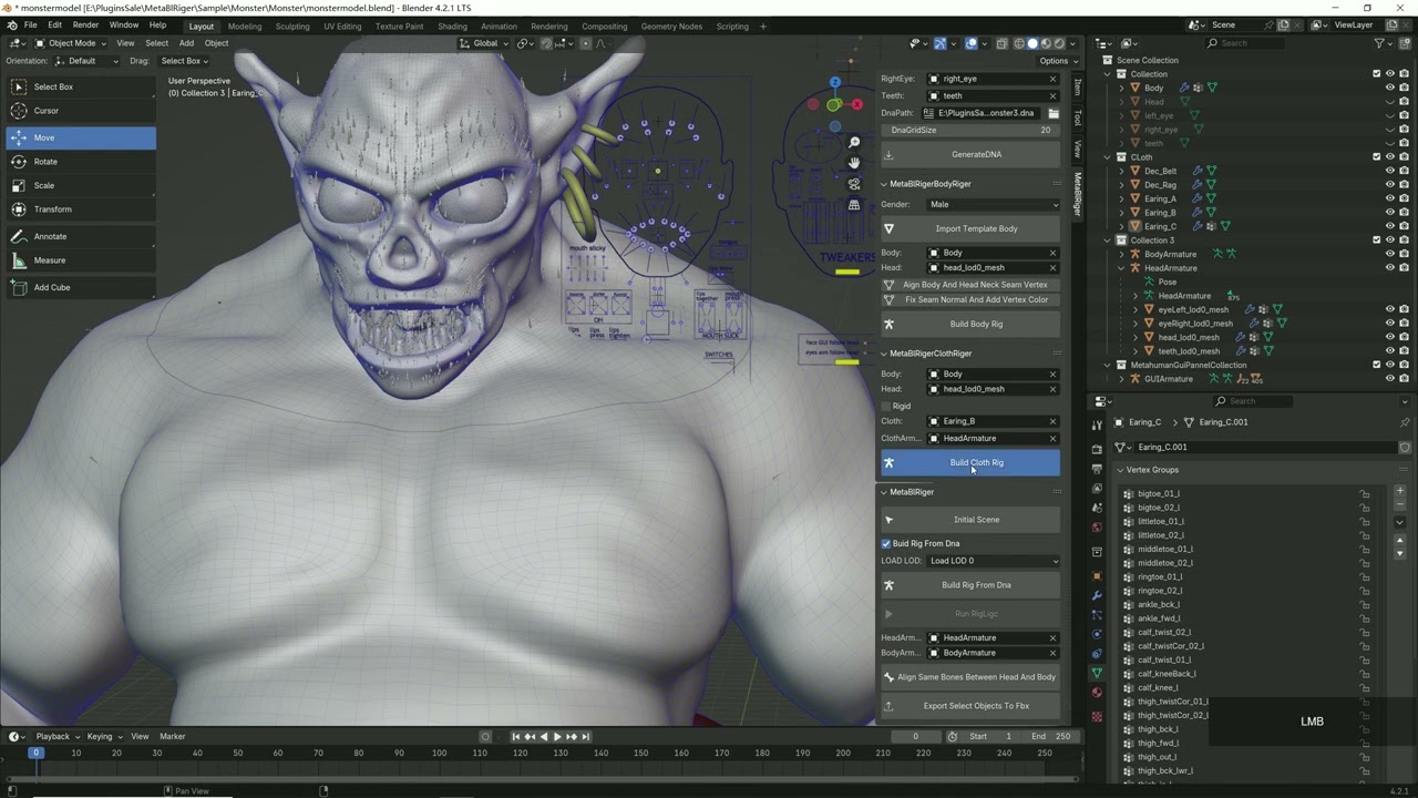 Use metablriger to rig monster character and display the effect without any manual repair