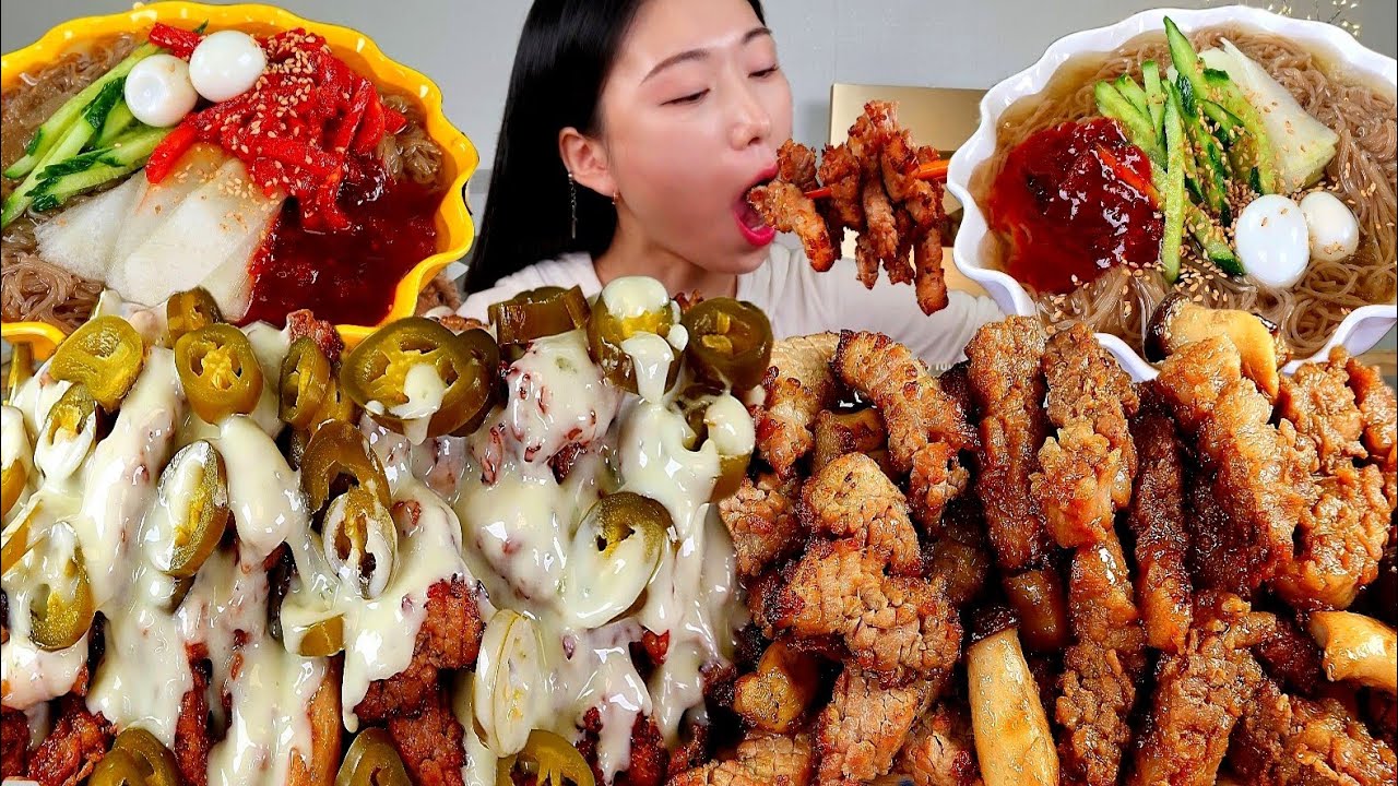 ASMR 냉면은 돼지갈비랑 꿀조합인거 아시죠? 비빔냉면 삼겹살 돼지갈비 리얼먹방 :) Cold noodles , Pork belly , Pork ribs MUKBANG