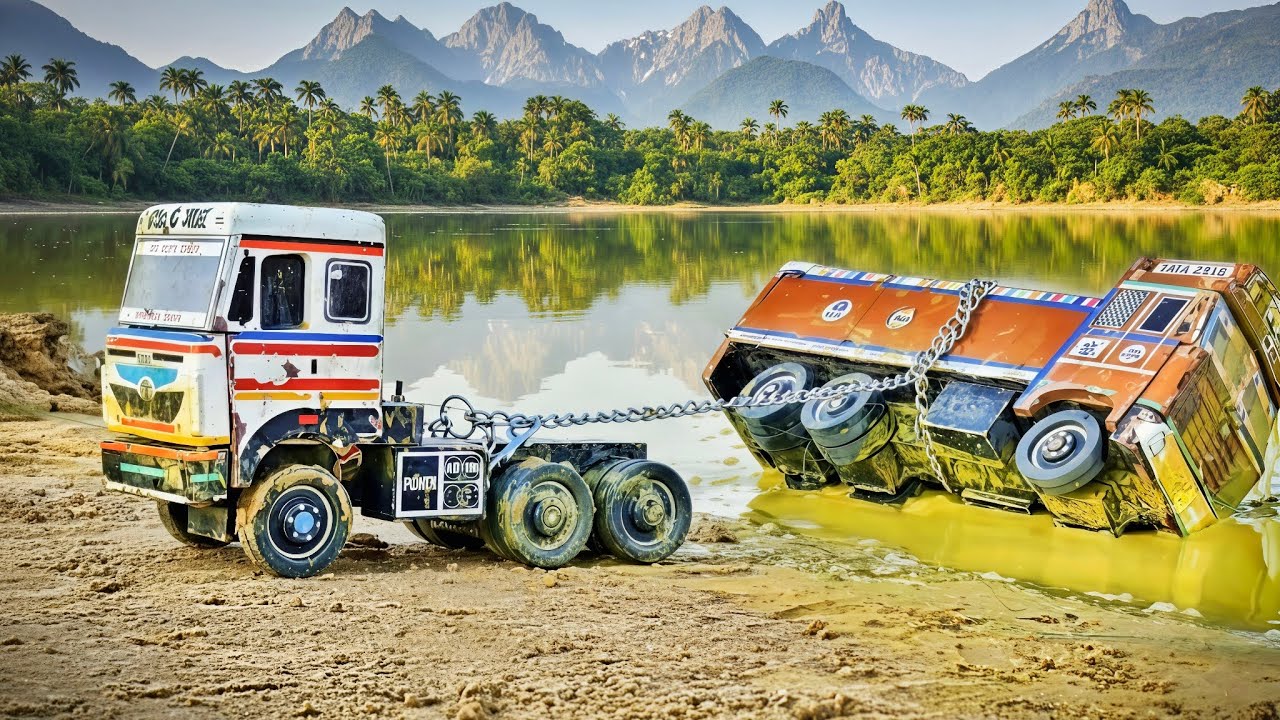New Red Truck Falls into Lake 😱 Mud Road Accident & Truck Rescue | Toy Story for kids✨