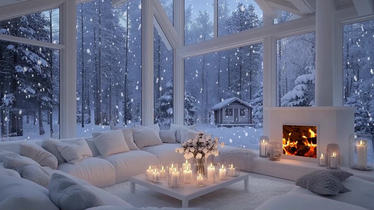 🌨️🎶 Cozy Snowy Cabin Piano Atmosphere | Warm Firelight & White Flowers | Focus Without Distraction