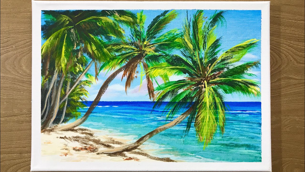 Palm Tree Beach Seascape/ Draw with Baha #41/ Acrylic Painting