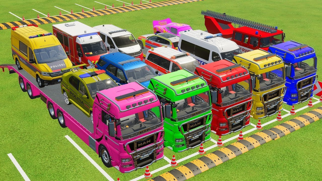 VOLKSWAGEN, FORD, DACIA POLICE CARS & MERCEDES FIRE TRUCK VEHICLES TRANSPORTING ! FS22 #48