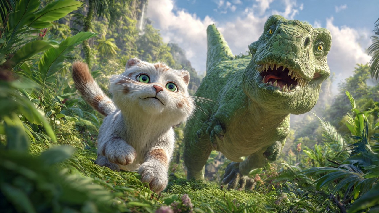 Dinosaur Attack on Kitten 🦕 Brave Mama Cat&rsquo;s rescue | cat video | ai cat video 😽 | ai film
