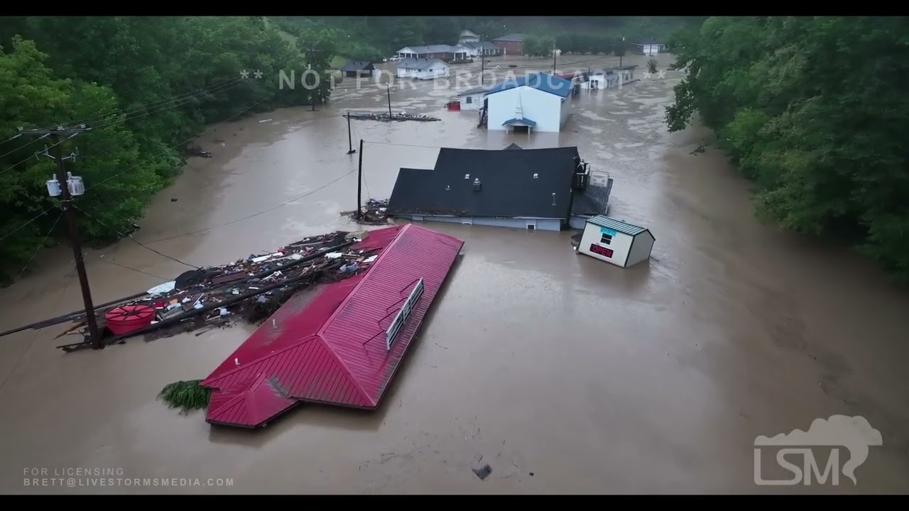 07-28-2022 Hindman, Kentucky - Entire Town Under Water from Drone - Incredible Flooding