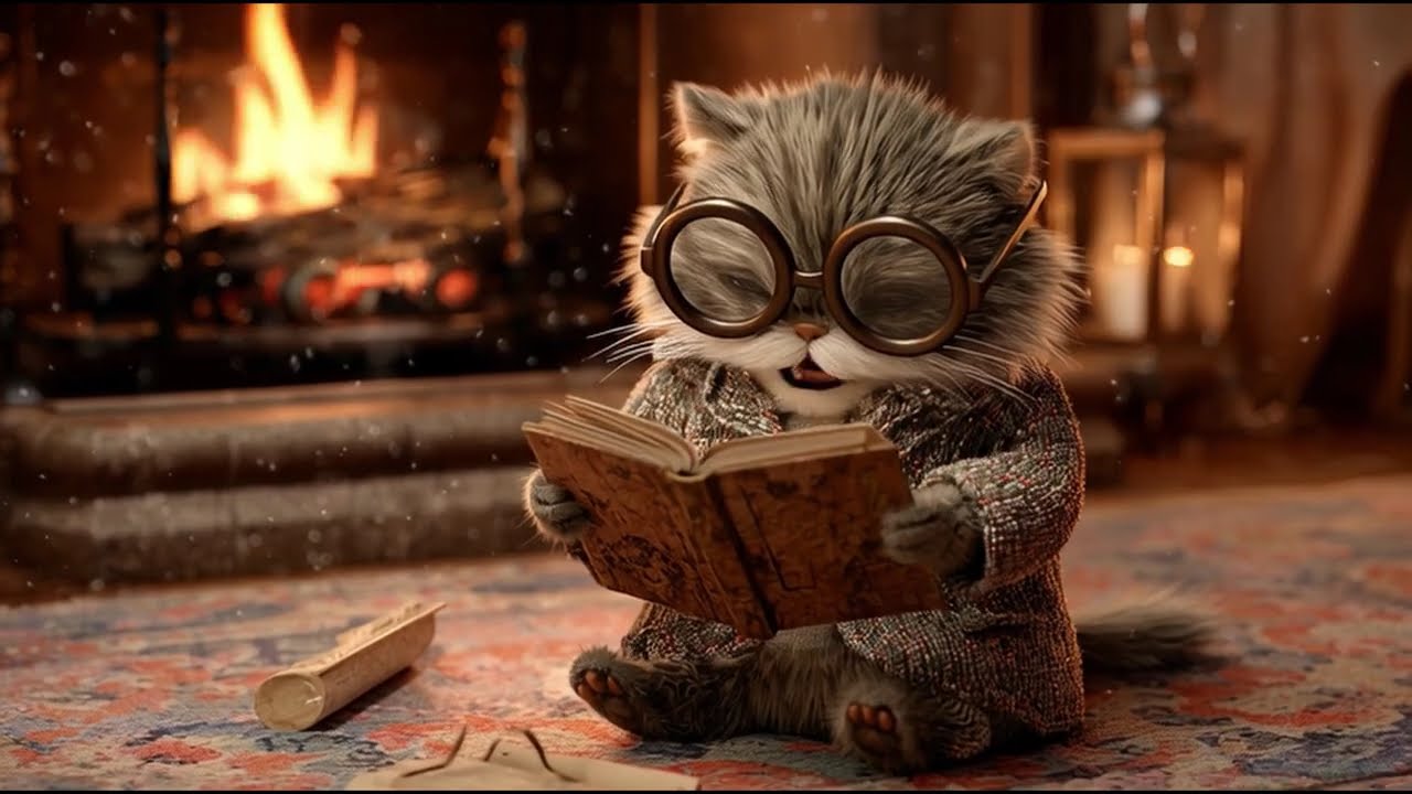 Romantic Cat by the Fireplace