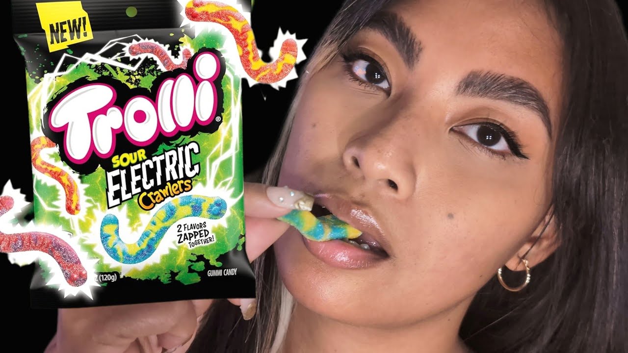 ASMR Eating Trolli Sour Electric Gummy Crawlers , Chewing Mouth Sounds , Gummy Asmr Loop