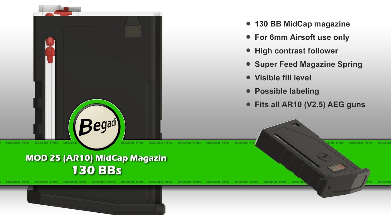 Begadi PRO MOD 25 (AR10) MidCap Magazin - 130 BBs f&uuml;r Softair/Airsoft