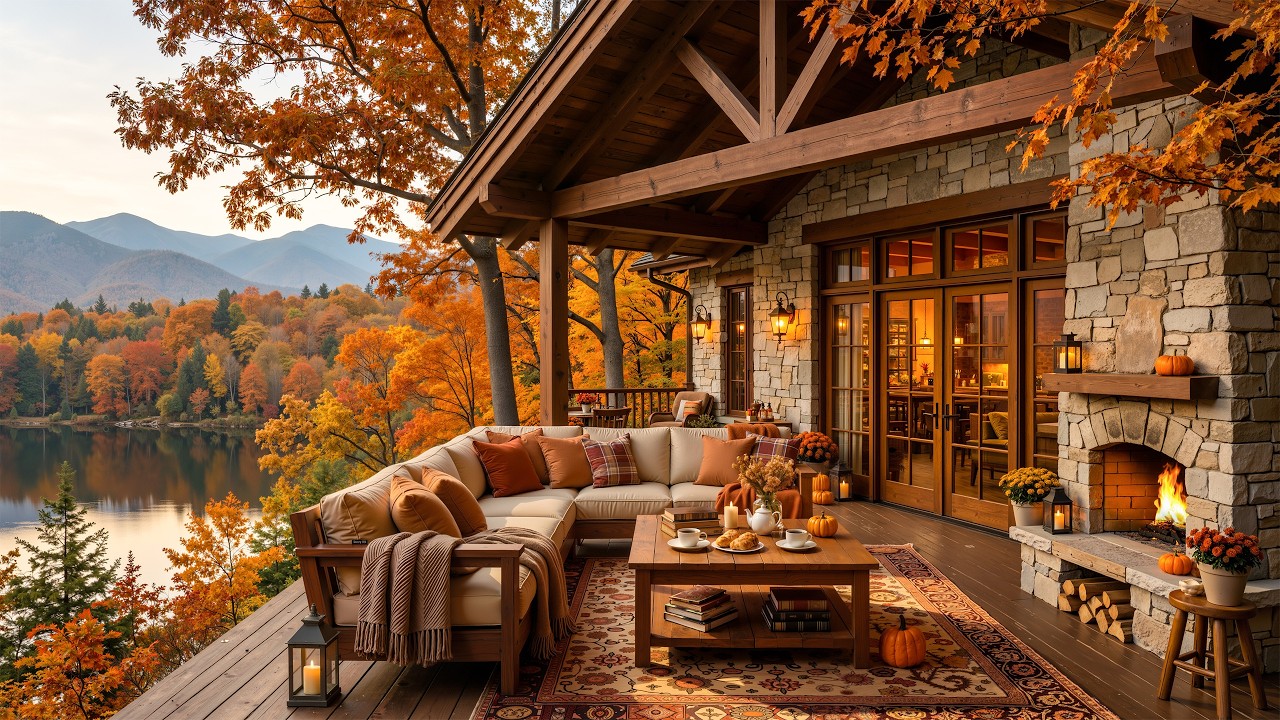 Soft Jazz Piano at Cozy Fall Lakeside Porch 🍂 Smooth Jazz & Crackling Fireplace for Focus & Relax