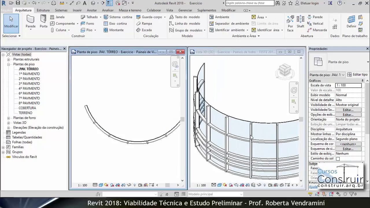 REVIT Viabilidade Aula 4.8:  Criando pano de vidro curvo (parede cortina)