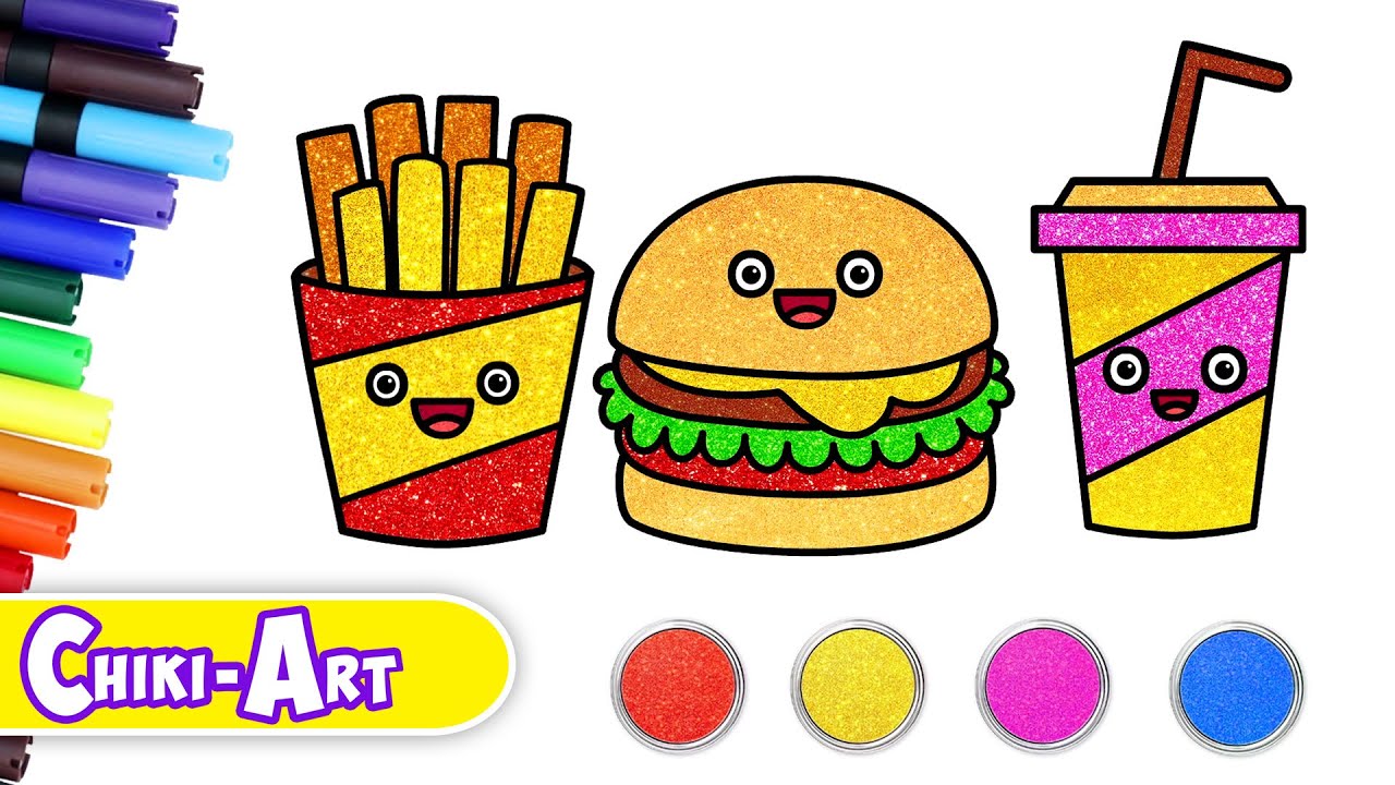 Chiki Art | How to Draw Burger Meal | Glitter Coloring For Kids | Cute and Easy Drawings for Kids