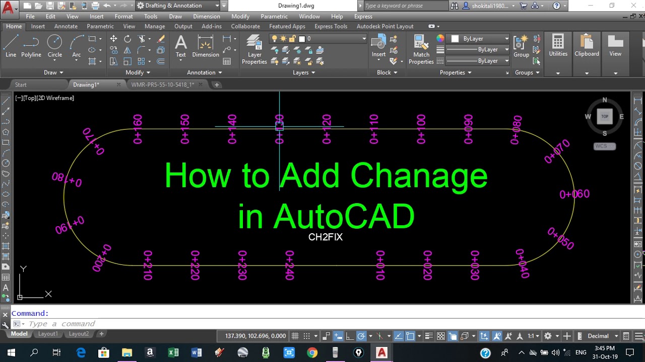 How to add chanage on a line in autocad