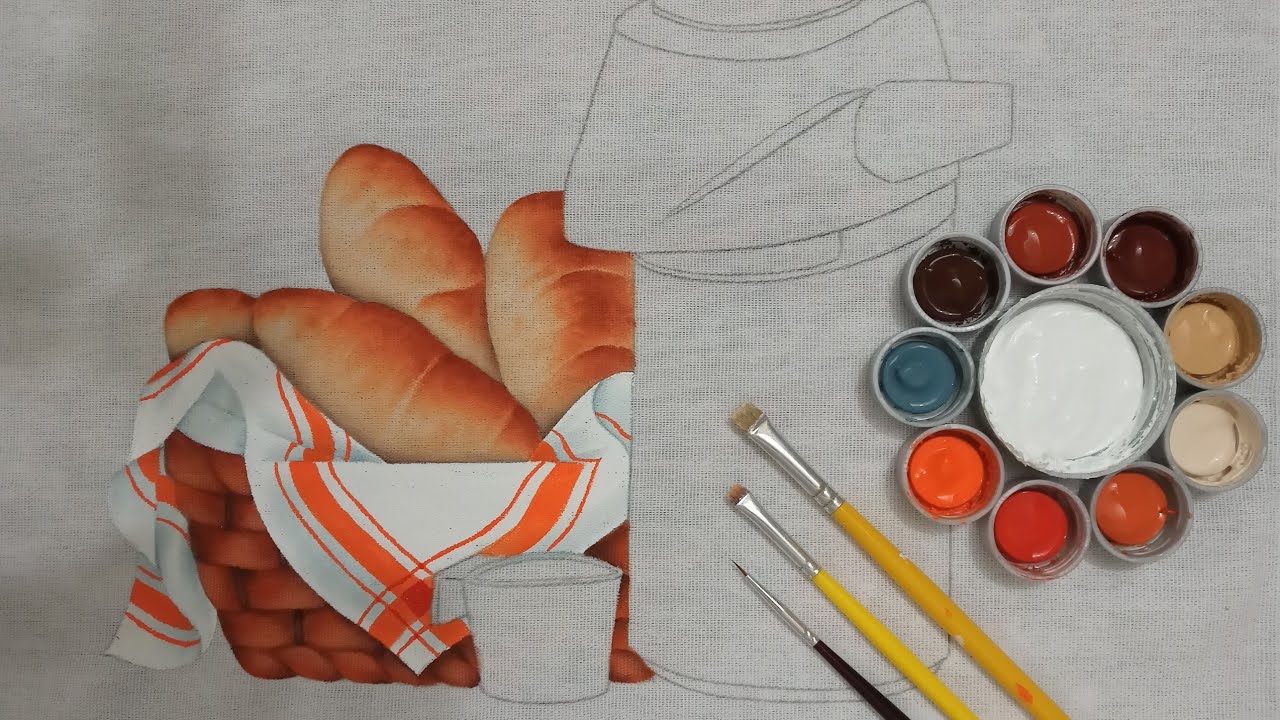 Cesta com Pães, Garrafa de Café e Xícara Pintura em Tecido Parte 1 - AULA 363 Bruno Silva