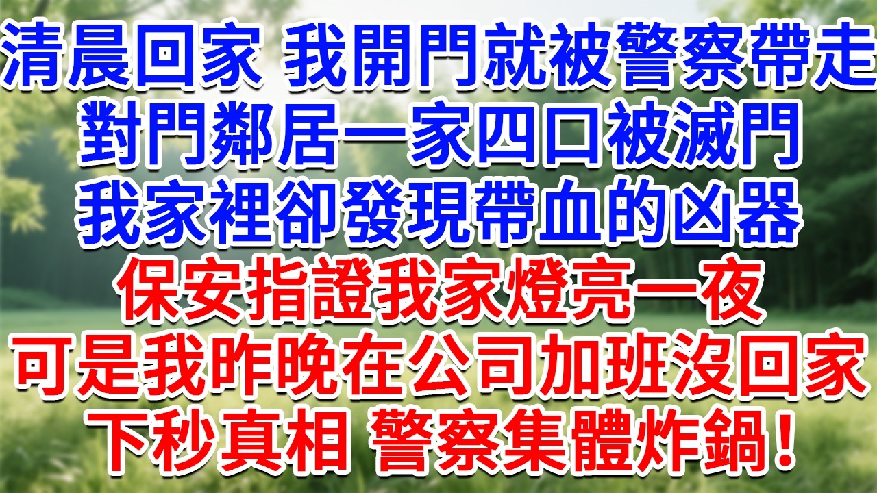 清晨回家我開門就被警察帶走，對門鄰居一家四口被滅門，我家裡卻發現帶血的凶器，保安指證我家燈亮一夜，可是我昨晚在公司加班沒回家，下秒真相 警察集體炸鍋！#生活經驗#情感故事#故事#小說#戀愛#情感#婚姻