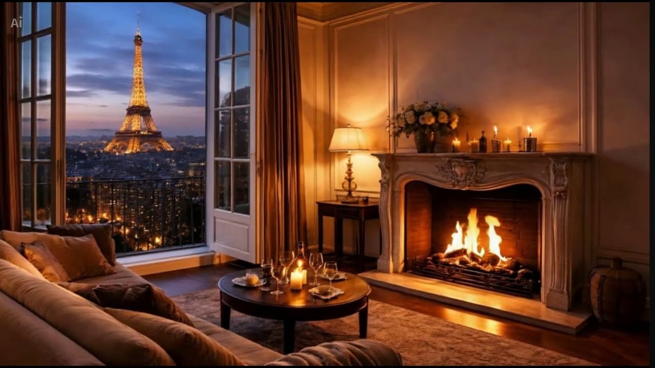 “🔥 Relaxing Fireplace with Eiffel Tower View – 12 Hours Ambience”