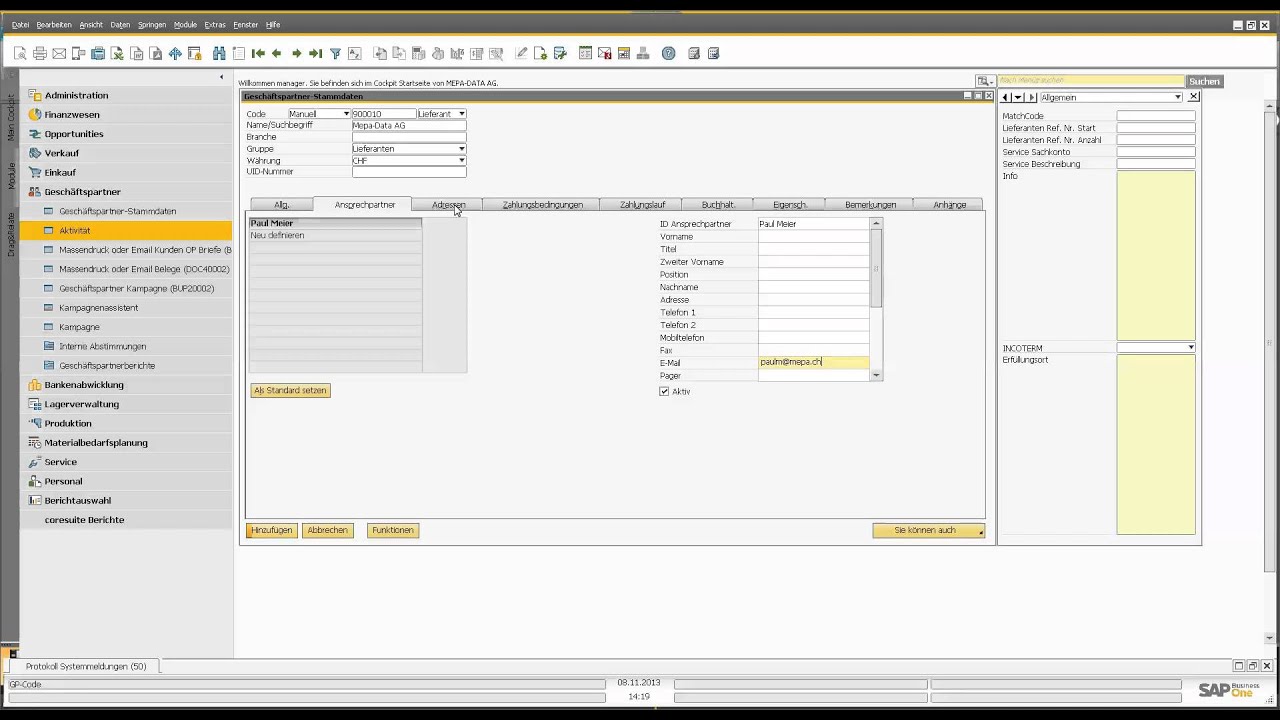 Lieferant er&ouml;ffnen in SAP Business One