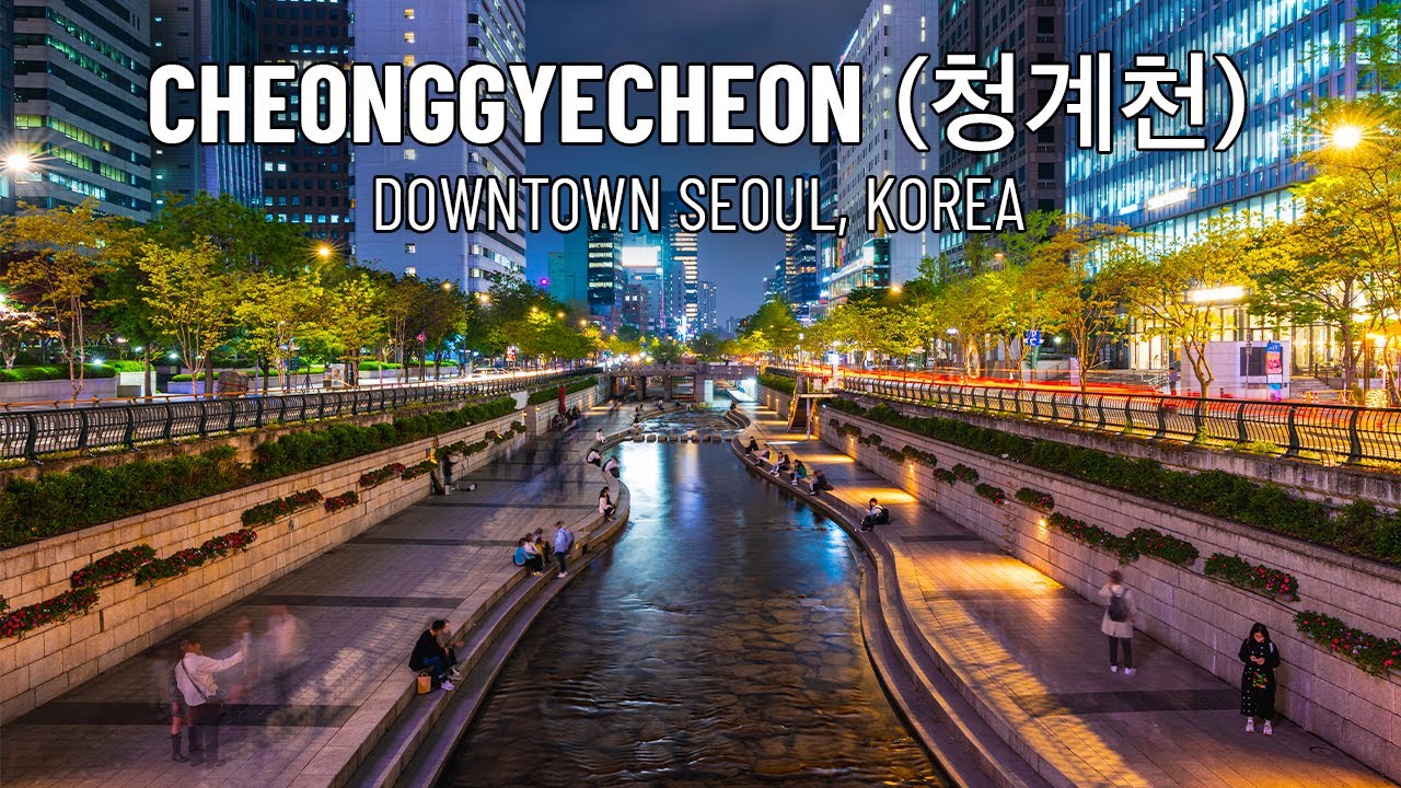 Cheonggyecheon 청계천 Night Walk | Seoul, Korea | 4K Walking Tour With Binaural City Ambience Sounds