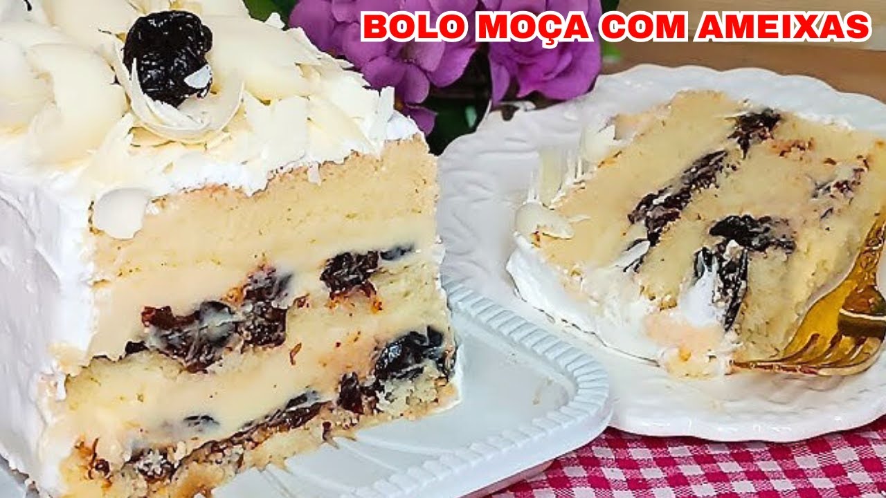 BOLO MOÇA DE AMEIXAS - MASSA DELICADA E AMANTEIGADA ,RECHEIO CREMOSO E COBERTURA DE MERENGUE