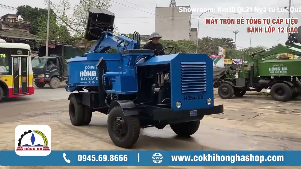 Test Thử Máy Trộn Bê Tông Tự Cấp Liệu Bánh Lốp 12 Bao