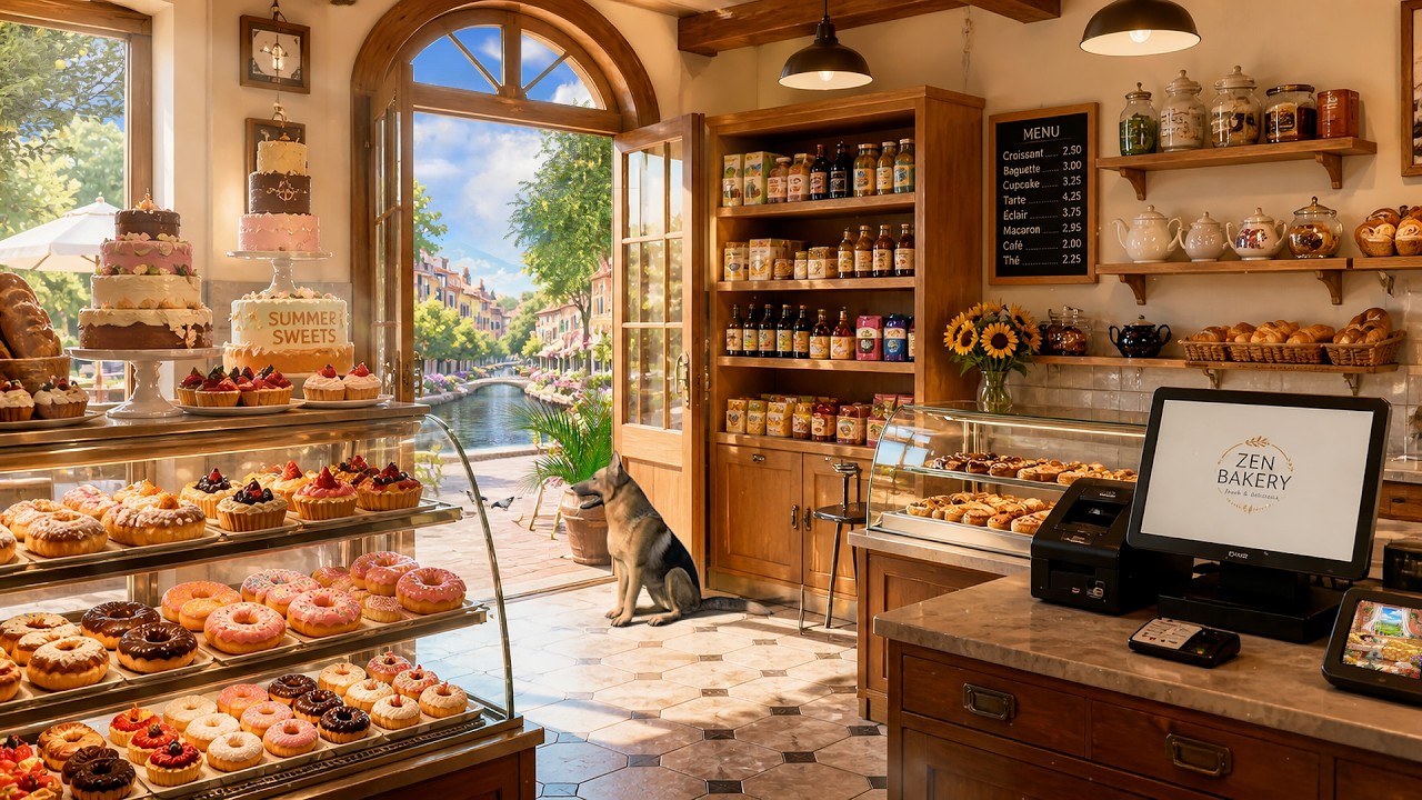 🍰☀️ SUMMER BAKERY AMBIENCE: Fresh Pastries, Soft Clinking Dishes, Canal Side Morning