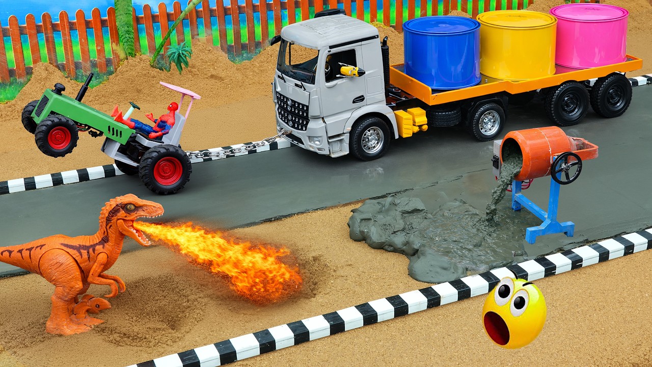 DIY Mini Tractor Repairs Road After Dinosaur Attack🦖Cement Mixing & Construction | DIY Tractor Kings