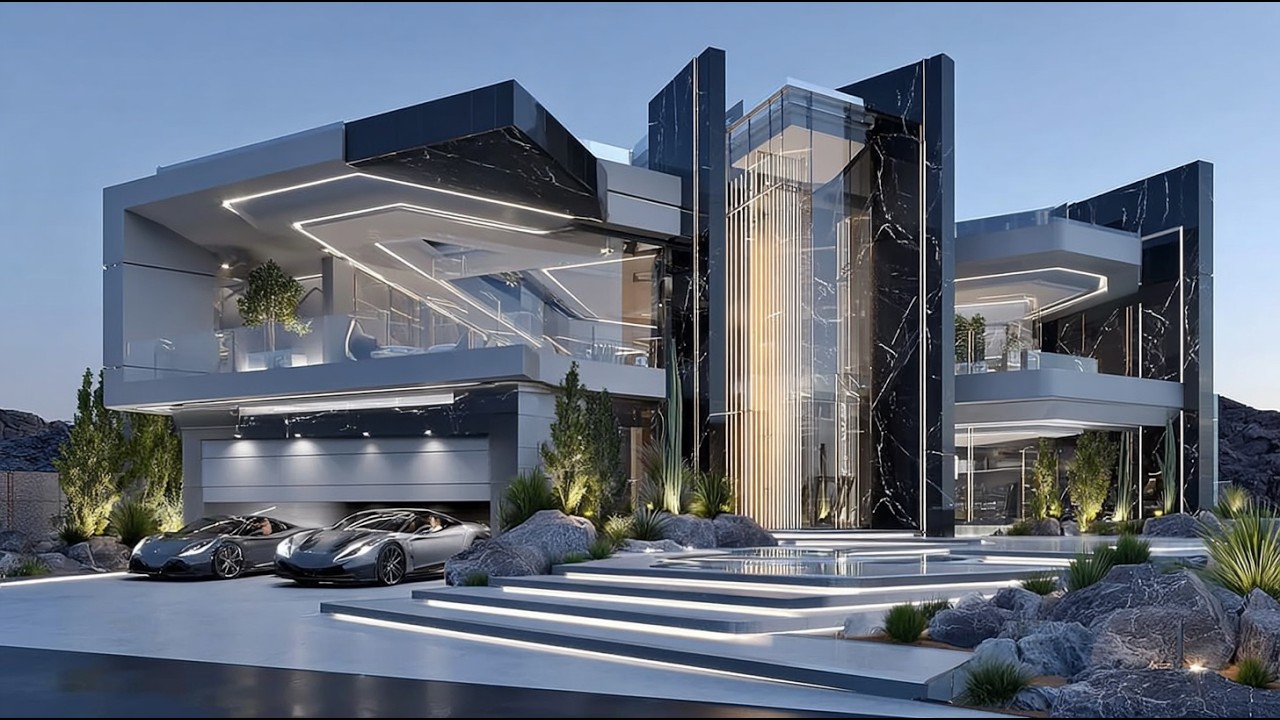 A futuristic luxury estate defined by towering black marble architecture and a glowing grand atrium