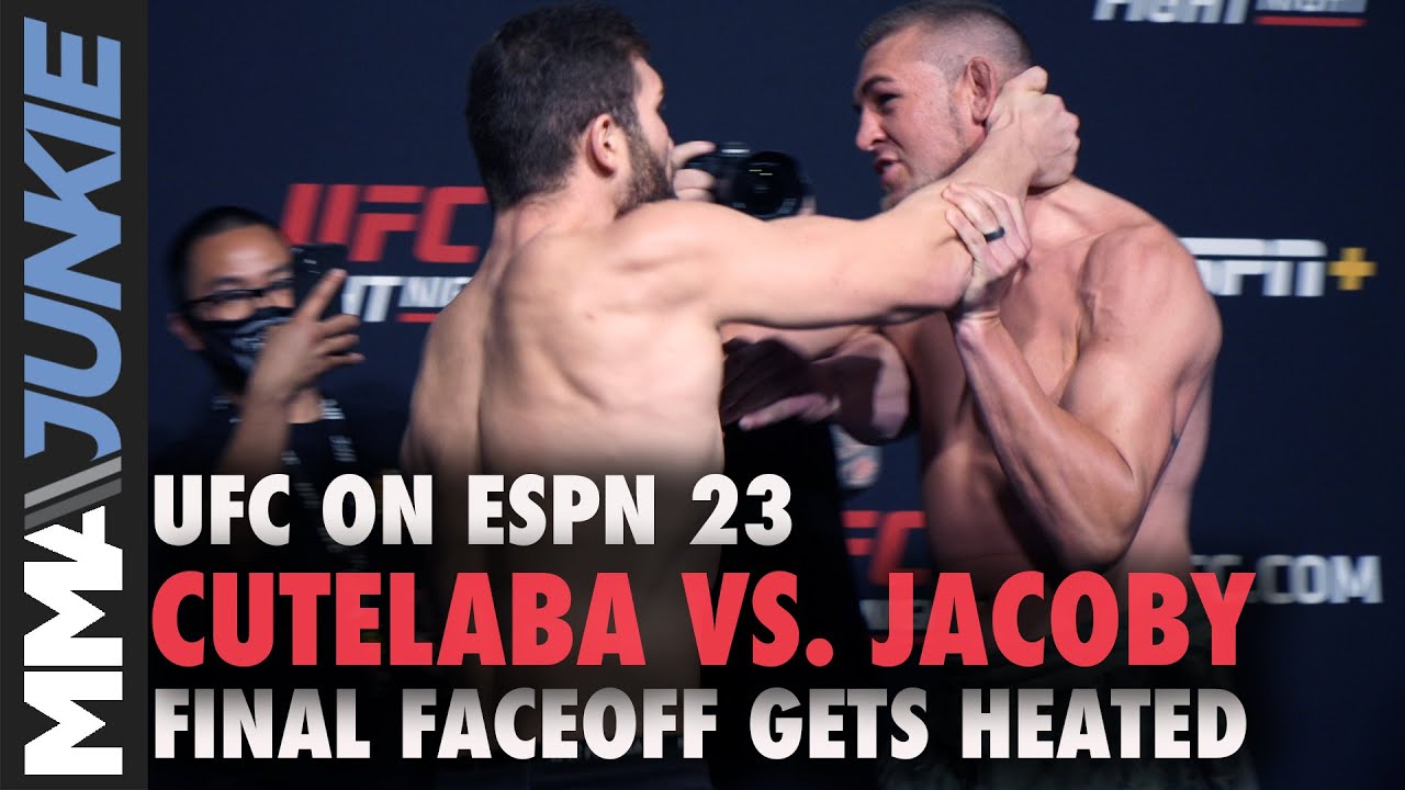 Ion Cutelaba, Dustin Jacoby get physical at faceoff | UFC on ESPN 23 staredown