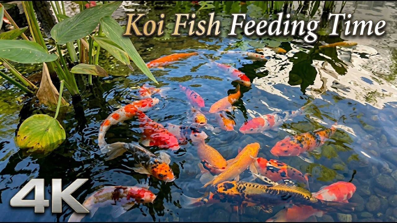 Koi Fish Feeding Time in Pond 