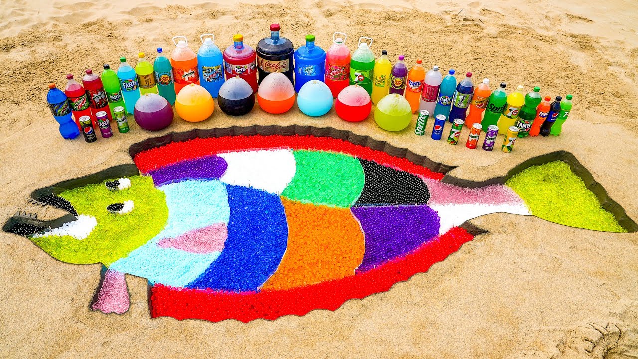 How to make Rainbow Flounder Fish with Orbeez, Big Coca Cola, Mirinda vs Mentos & Popular Sodas