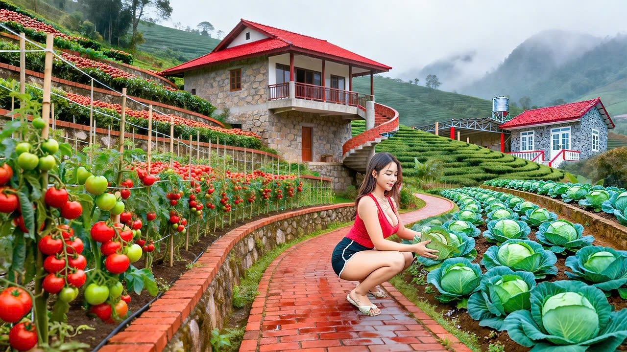 Harvesting a Bountiful Crop of Green Leafy Vegetables for Market - Building a Tomato Trellis