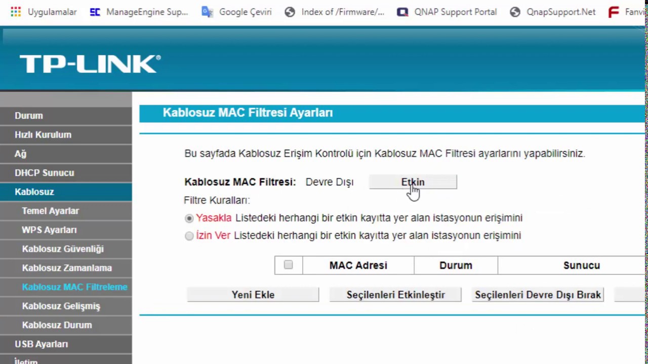 Kablosuz Ağa Bağlı Cihazları G&ouml;rme ve  Engelleme (2020 MAC Filtreleme)