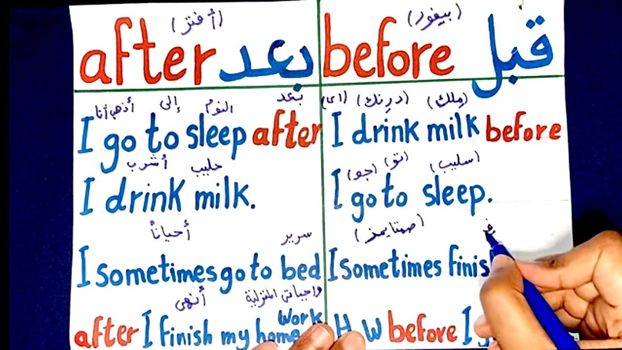 (50) درس كامل لتعليم قراءة وترجمة اللغة الانجليزية مع ادوات الربط (before و after) هاممممم للتأسيس