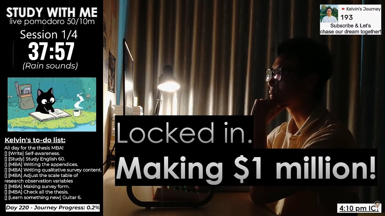 #Day220 Study with me |🍅 4 hours live pomodoro 🌦️ I&rsquo;m locking in until I make $1M💰