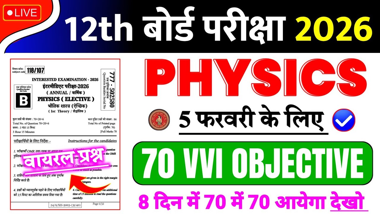 5 February 12th Physics Viral Paper 2026 || 12th Physics Top 70 VVI Objective Question 2026