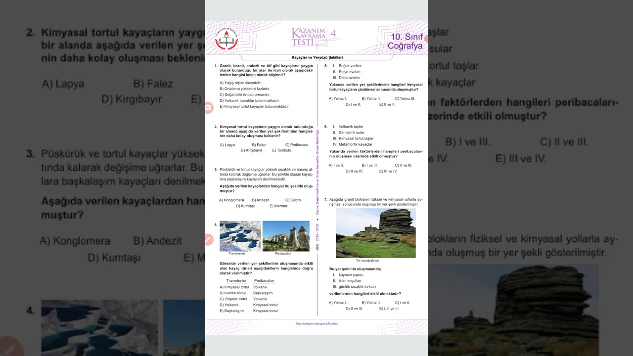 10. Sınıf MEB kazanım testi 4 (Kayaçlar ve Yeryüzü Şekli )