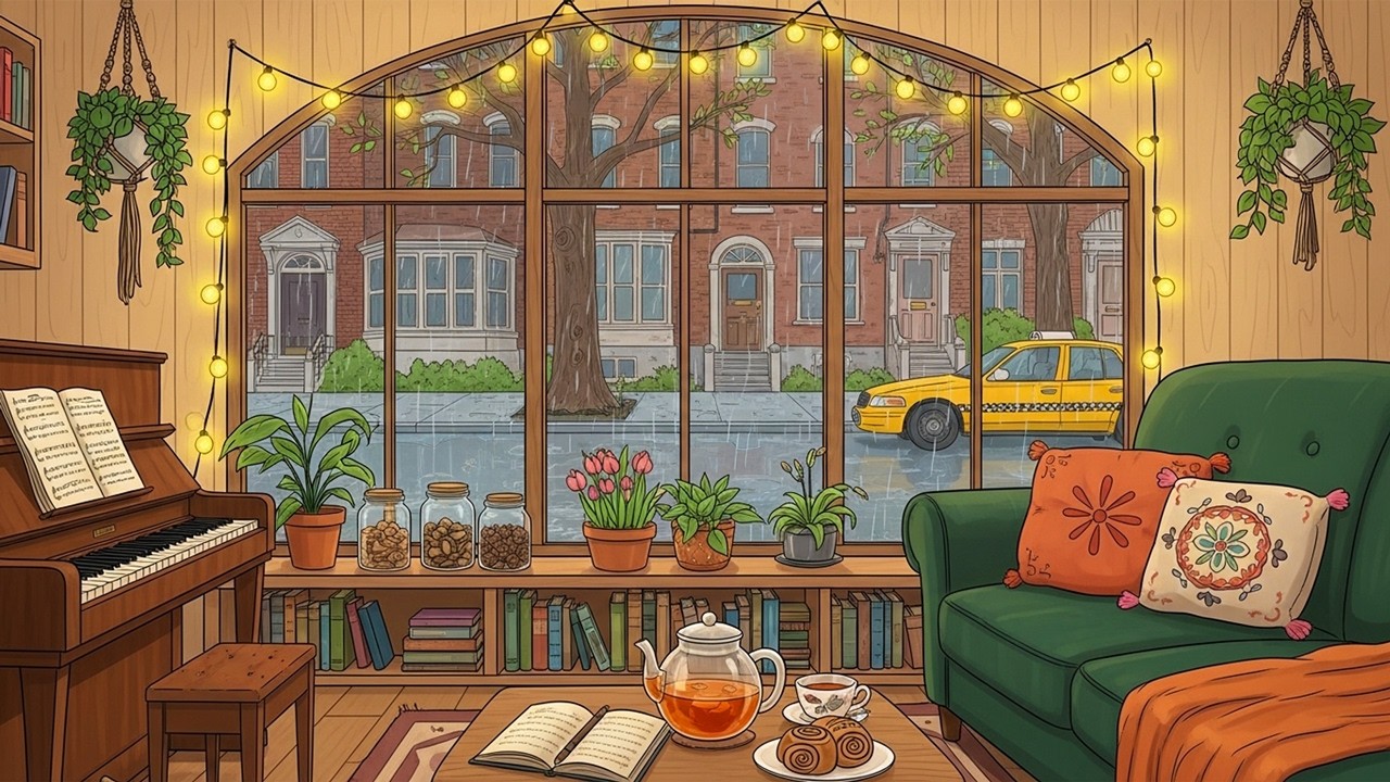 Relaxing Gentle Rain & Cozy 1940s Coffee Shop Ambience with Soft Oldies Playing in Another Room