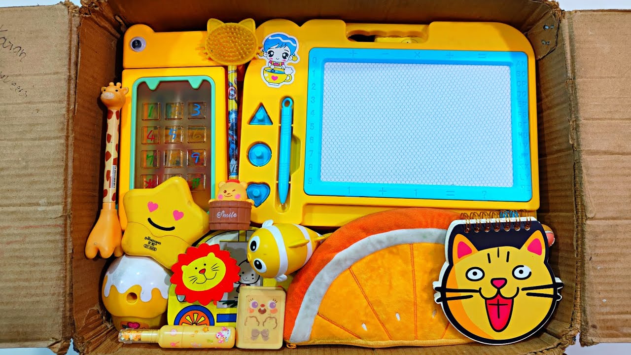 Unboxing Amazing Yellow Stationery 📚, Bog Sharpener, Sketch board, Pencil Case, Diary, Sipper bottle