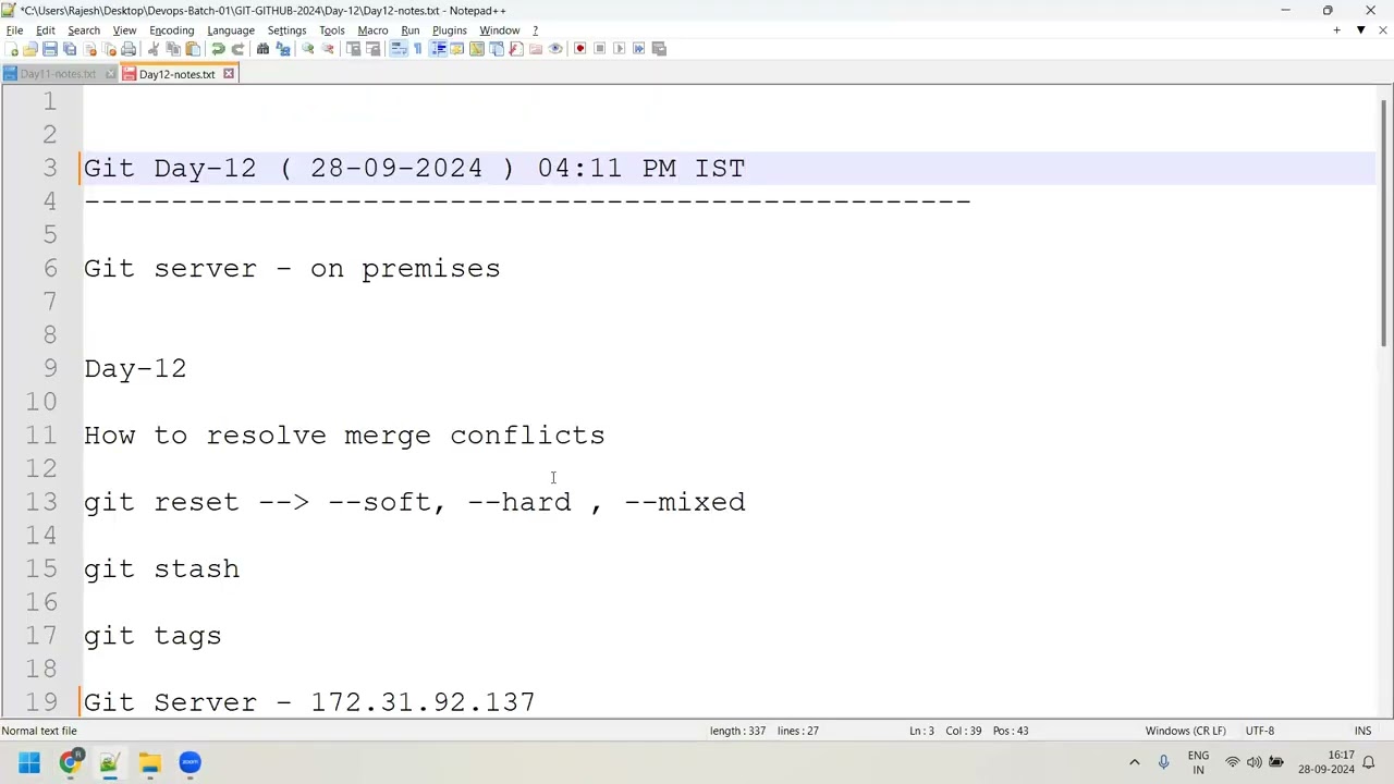 Git-Day-12 || Git merge example using On-premises Git server || Git reset --soft, --mixed , --hard