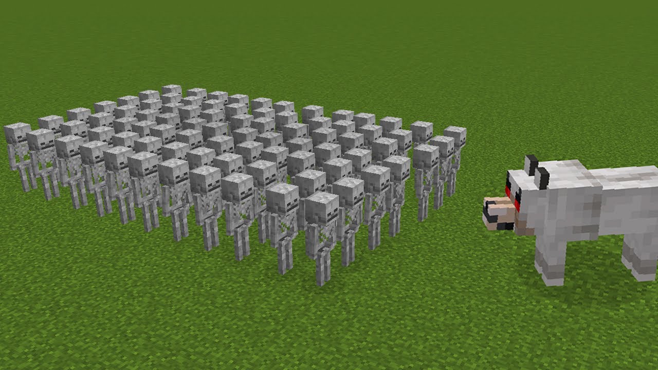 100 skeletons vs wolf in minecraft