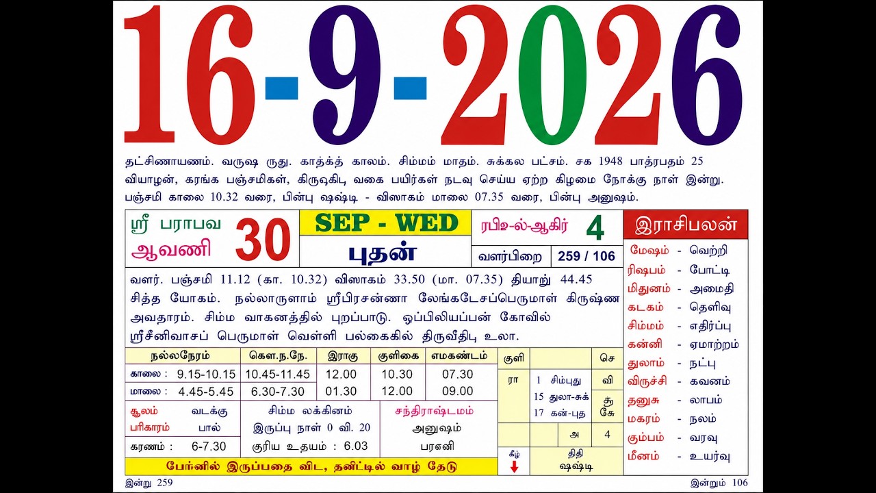 16 September 2026 - Tamil Daily Calendar #dailycalendar #tamildailysheetcalendar #september