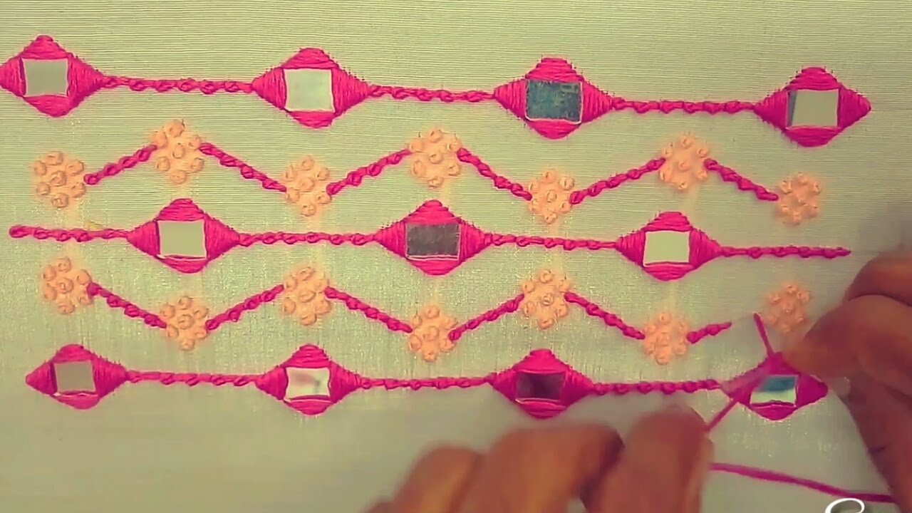 Hand Embroidery : Mirror Hand Embroidery Border Design With French Knots stitch