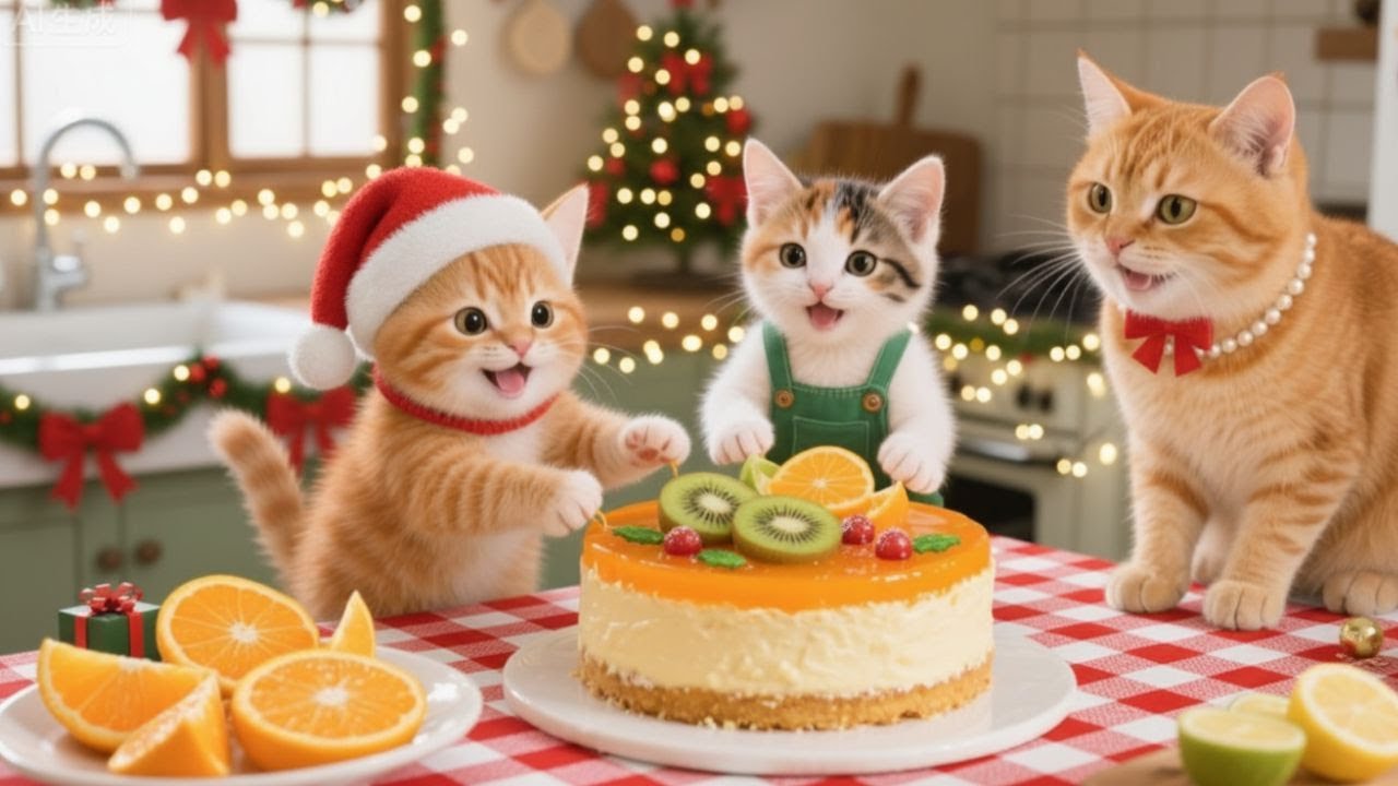 Baking Fun with Tiger Hat & Calico Kittens: The Orange Kiwi Cake 🍊🥝🍰
