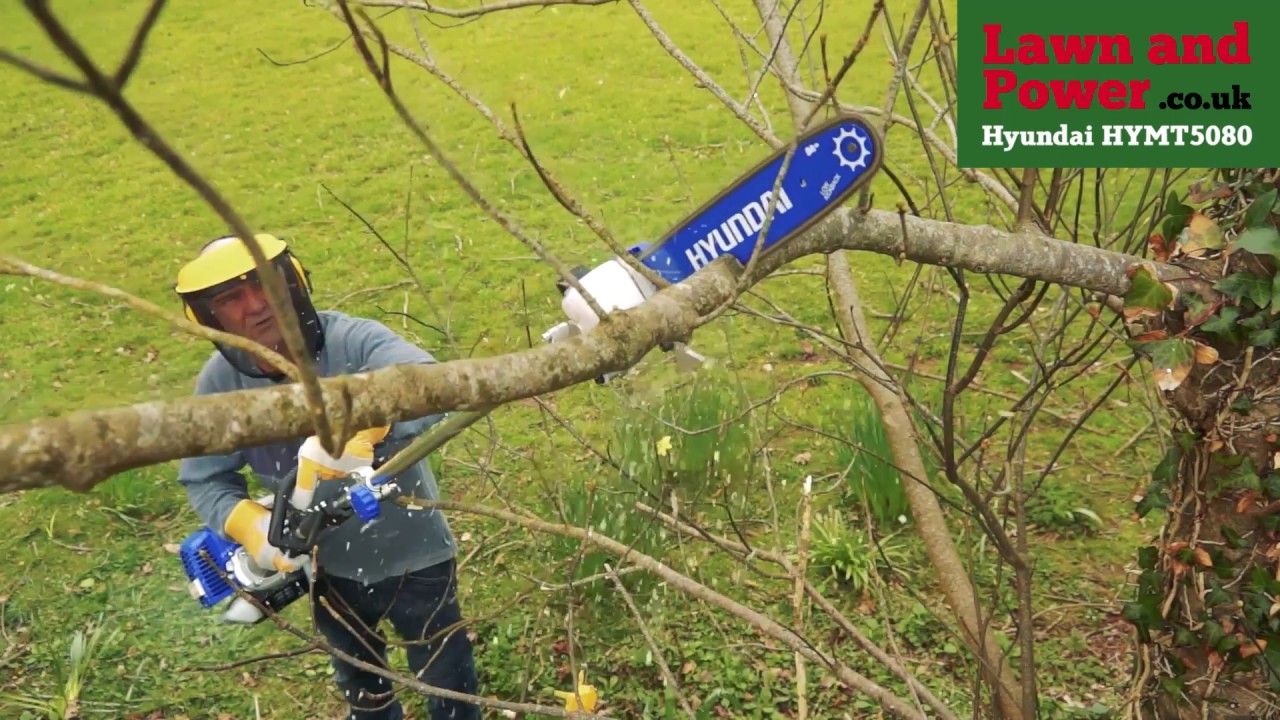In action the HYMT5080 Petrol Multi-Tool - Hedge Trimmer / Brush Cutter / Chainsaw from Hyundai