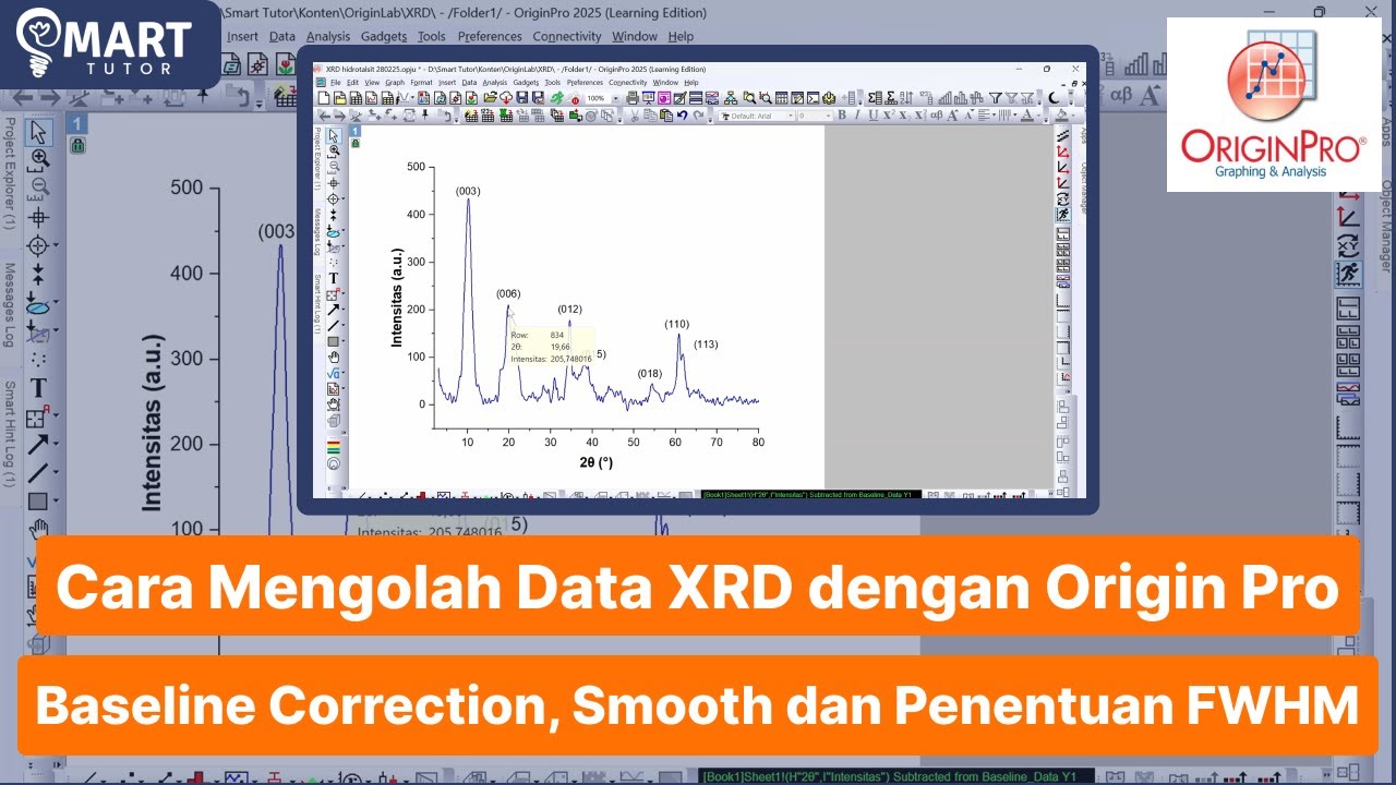 Cara mengolah data XRD dengan OriginPro 2025 - Baseline Correction, Smooth dan Penentuan FWHM