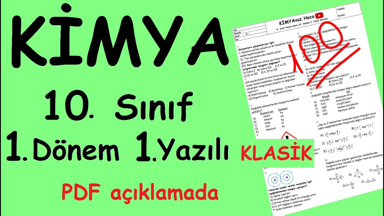 KİMYA 10. Sınıf 1. Dönem 1. Yazılı Soruları (klasik) Yazılıya hazırlık (PDF açıklamada) 2022/2023