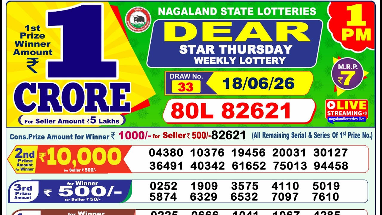 Dear Nagaland State Lottery Live Result 1 PM | Dear Lottery Live Today | 18.06.2026 | Lottery Sambad