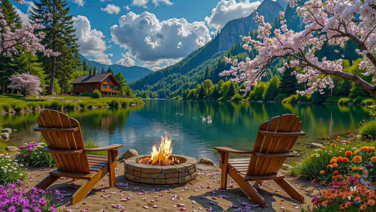 Beautiful Spring Campfire by the Lake 🔥🌸 Relaxing Piano Music for Working and Studying