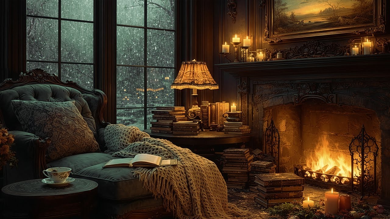 Dark Academia Reading Nook by the Fireplace | Rainy Night Ambience for Reading and Writing.