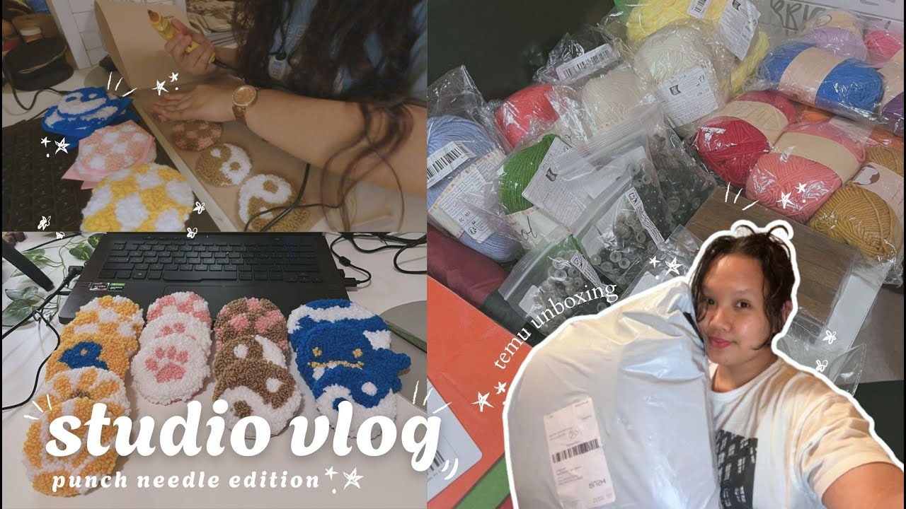 studio vlog 🌱 temu unboxing + finishing my first punch needle coasters